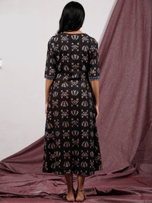 Coffee Brown Rust Beige Hand Block Printed Long Cotton Dress With Side Pleat- D187F1327