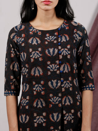 Coffee Brown Rust Beige Hand Block Printed Long Cotton Dress With Side Pleat- D187F1327
