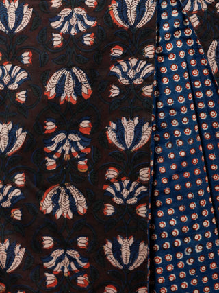 Coffee Brown Rust Beige Hand Block Printed Long Cotton Dress With Side Pleat- D187F1327