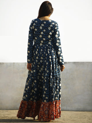 Indigo Black Red Ivory Long Hand Block Cotton Tier Dress  - D139F1081