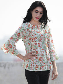 White Green Orange Hand Block Printed Cotton Top With Pleat Details - T23F263