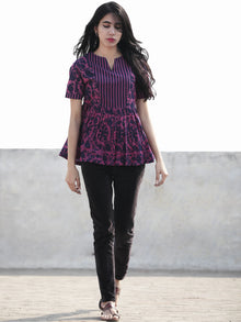 Megenta Purple  Hand Block Printed Cotton Top With Gathers - T32F466