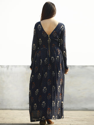 Indigo Rust Beige Hand Block Printed Chanderi Silk Dress With Box Pleats & Shirring Details at Sleeves (With Lining) - D178F1141