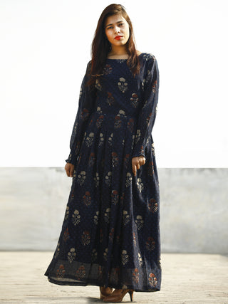 Indigo Rust Beige Hand Block Printed Chanderi Silk Dress With Box Pleats & Shirring Details at Sleeves (With Lining) - D178F1141