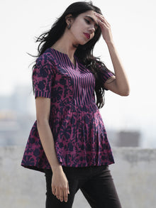 Megenta Purple  Hand Block Printed Cotton Top With Gathers - T32F466