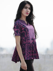 Megenta Purple  Hand Block Printed Cotton Top With Gathers - T32F466
