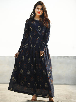 Indigo Rust Beige Hand Block Printed Chanderi Silk Dress With Box Pleats & Shirring Details at Sleeves (With Lining) - D178F1141