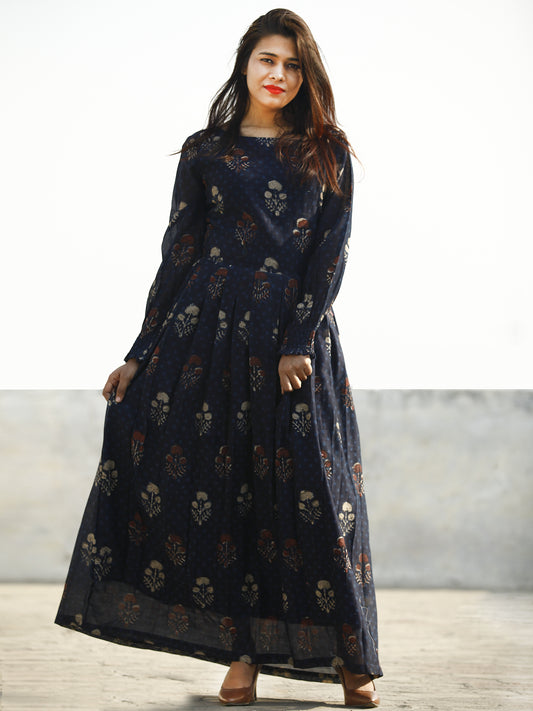 Indigo Rust Beige Hand Block Printed Chanderi Silk Dress With Box Pleats & Shirring Details at Sleeves (With Lining) - D178F1141