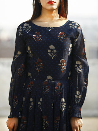 Indigo Rust Beige Hand Block Printed Chanderi Silk Dress With Box Pleats & Shirring Details at Sleeves (With Lining) - D178F1141