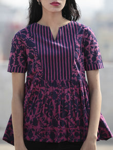 Megenta Purple  Hand Block Printed Cotton Top With Gathers - T32F466