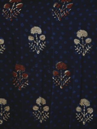 Indigo Rust Beige Hand Block Printed Chanderi Silk Dress With Box Pleats & Shirring Details at Sleeves (With Lining) - D178F1141