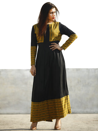 Black Beige Green Long Ikat Cotton Rayon Dress With Knife Pleats -  D168F858