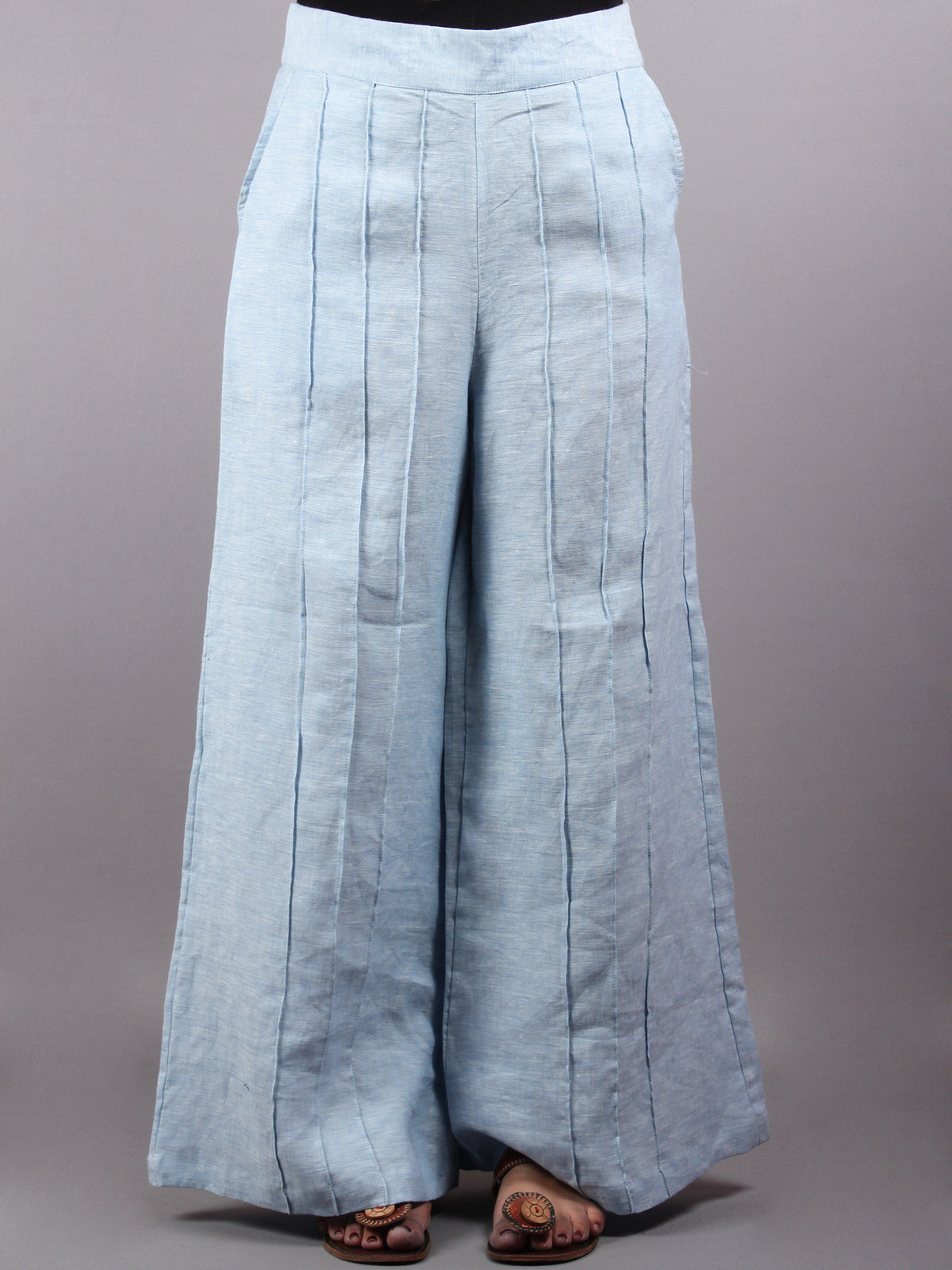 Linen light blue Elasticated Waist Pleated Cotton Palazzo - P1117086