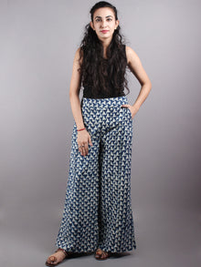 Indigo Hand Block Printed Elasticated Waist Pleated Cotton Palazzo - P1117058