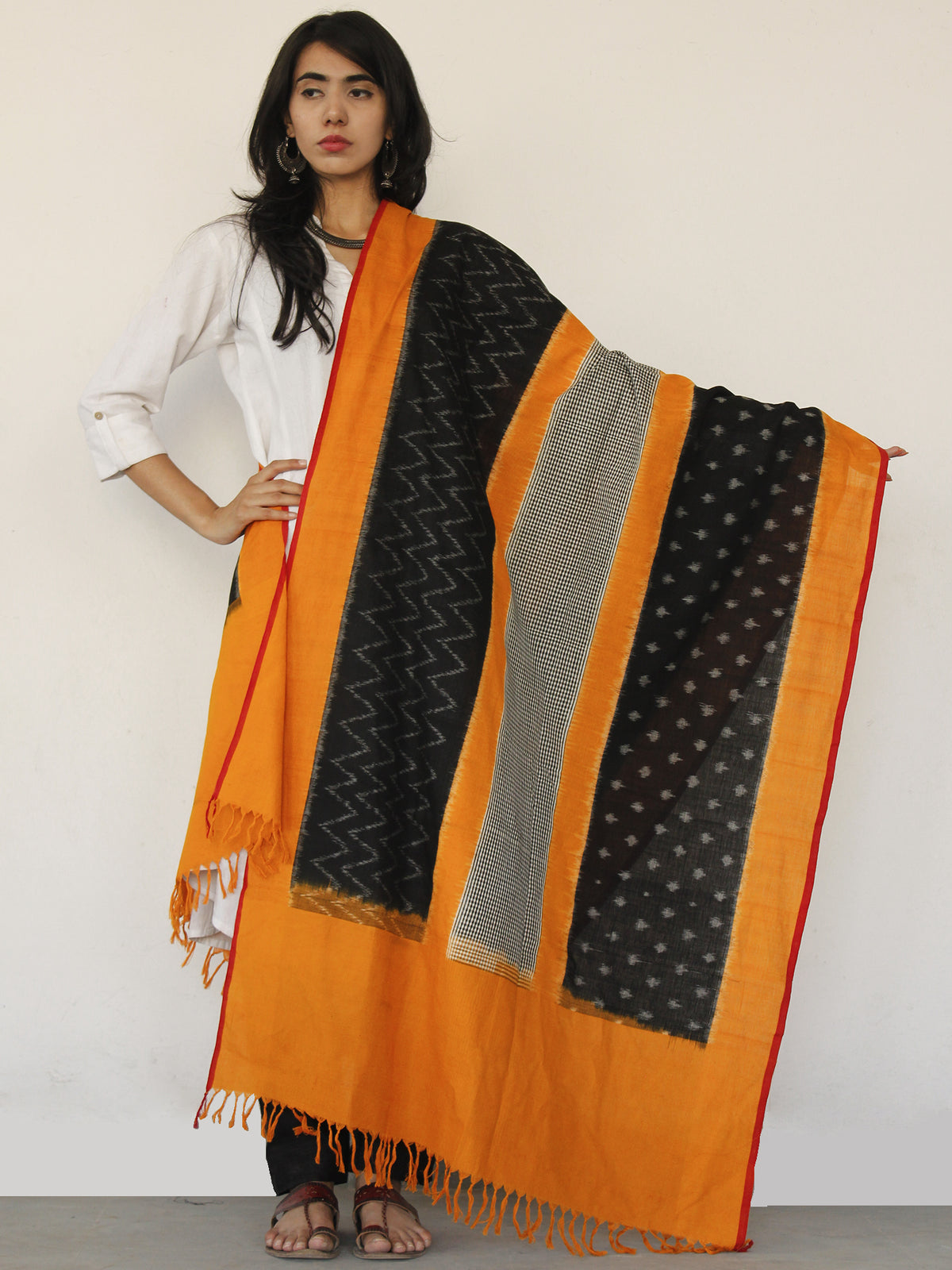 Rust Orange Black Ikat Handwoven Pochampally Cotton Dupatta -  D04170150