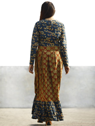 Maroon Rust Indigo Hand Block Printed Long Cotton Box Pleated Dress - D184F1137