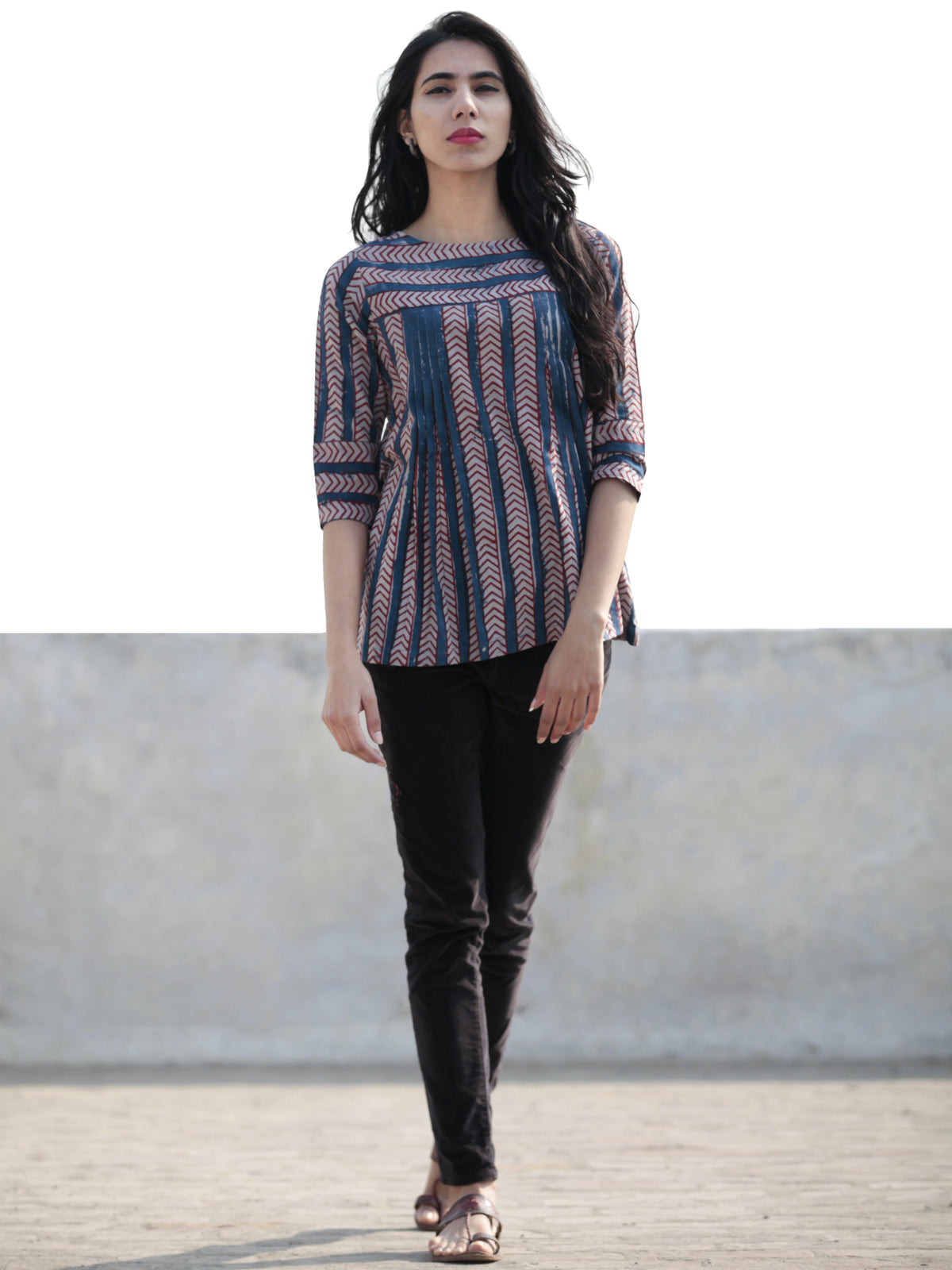 Indigo Red Grey Hand Block Printed Cotton Top - T34F394
