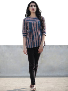 Indigo Red Grey Hand Block Printed Cotton Top - T34F394