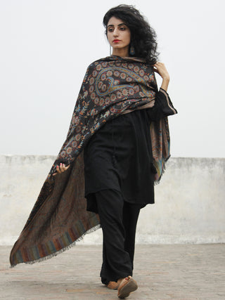 Black Blue Rust Orange Maroon Cashmere Jamawar Silk Woolen Stole - S6317207