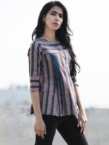 Indigo Red Grey Hand Block Printed Cotton Top - T34F394