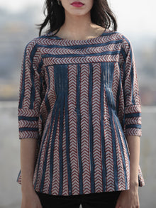 Indigo Red Grey Hand Block Printed Cotton Top - T34F394