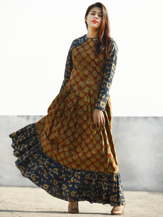 Maroon Rust Indigo Hand Block Printed Long Cotton Box Pleated Dress - D184F1137