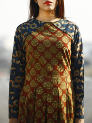 Maroon Rust Indigo Hand Block Printed Long Cotton Box Pleated Dress - D184F1137