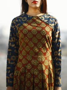 Maroon Rust Indigo Hand Block Printed Long Cotton Box Pleated Dress - D184F1137