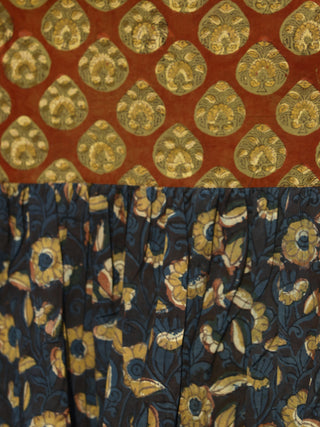 Maroon Rust Indigo Hand Block Printed Long Cotton Box Pleated Dress - D184F1137