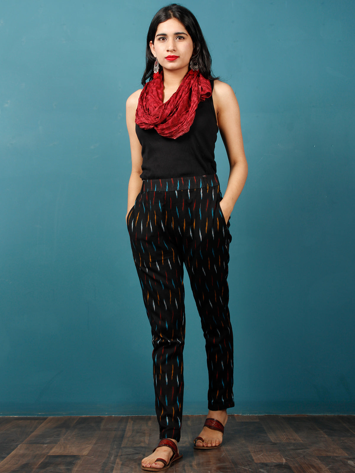 Black Turquoise Blue Red Rust Hand Woven Ikat Cigarette Pants - T032F716