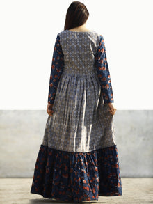 Grey Indigo Rust Hand Block Printed Long Cotton Tier Dress With Gathers - D169F988