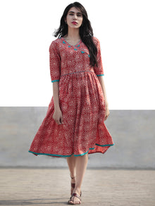 Coral Ivory Teal Green Hand Blocked Cotton Angrakha Style Dress - D211F437