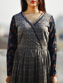 Grey Indigo Rust Hand Block Printed Long Cotton Tier Dress With Gathers - D169F988