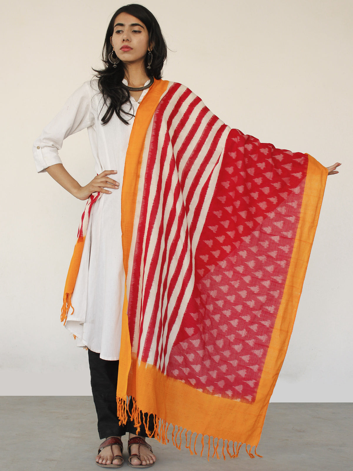 Orange White & Red Ikat Handwoven Pochampally Cotton Dupatta -  D04170151