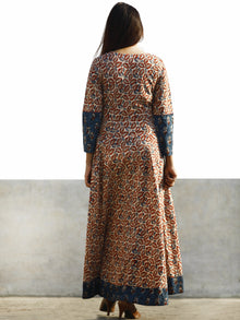 Beige Maroon Indigo Hand Block Printed Long Dress With Pin tucks  - D186F1133