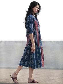 Indigo White Pink Hand Blocked Cotton Middi Dress with Tassels - D212F1115