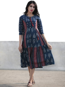 Indigo White Pink Hand Blocked Cotton Middi Dress with Tassels - D212F1115