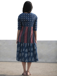 Indigo White Pink Hand Blocked Cotton Middi Dress with Tassels - D212F1115