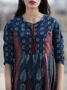 Indigo White Pink Hand Blocked Cotton Middi Dress with Tassels - D212F1115