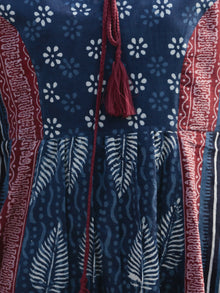 Indigo White Pink Hand Blocked Cotton Middi Dress with Tassels - D212F1115