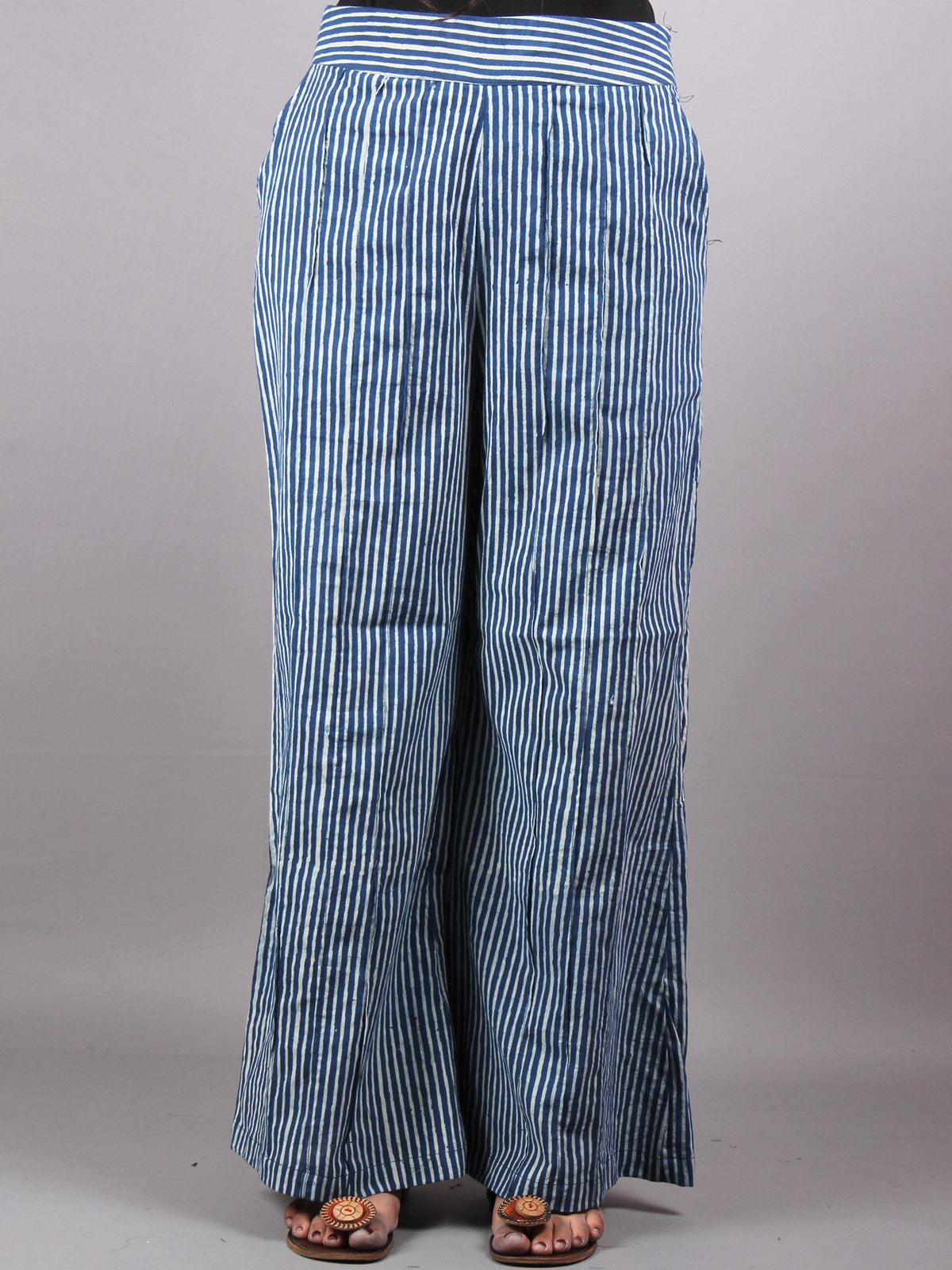 Indigo Hand Block Printed Elasticated Waist Pleated Cotton Palazzo - P1117055
