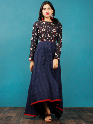 Indigo Maroon Ivory Hand Block Printed Cotton Asymmetrical Dress - D216F1401