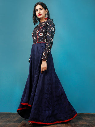 Indigo Maroon Ivory Hand Block Printed Cotton Asymmetrical Dress - D216F1401