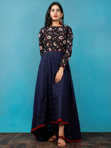 Indigo Maroon Ivory Hand Block Printed Cotton Asymmetrical Dress - D216F1401