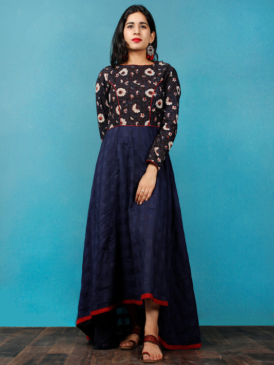 Indigo Maroon Ivory Hand Block Printed Cotton Asymmetrical Dress - D216F1401