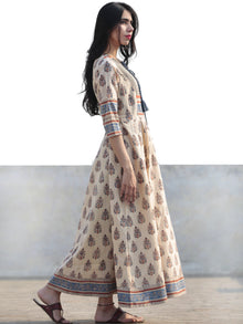 Naaz Beige Blue Maroon Black Hand Block Printed Long Cotton Dress with Tassels- DS02F004