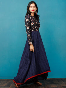 Indigo Maroon Ivory Hand Block Printed Cotton Asymmetrical Dress - D216F1401