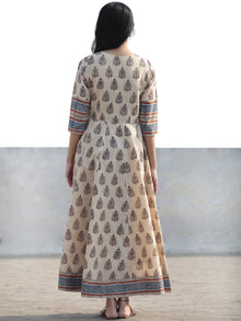 Naaz Beige Blue Maroon Black Hand Block Printed Long Cotton Dress with Tassels- DS02F004