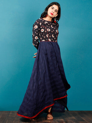 Indigo Maroon Ivory Hand Block Printed Cotton Asymmetrical Dress - D216F1401