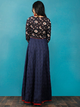 Indigo Maroon Ivory Hand Block Printed Cotton Asymmetrical Dress - D216F1401